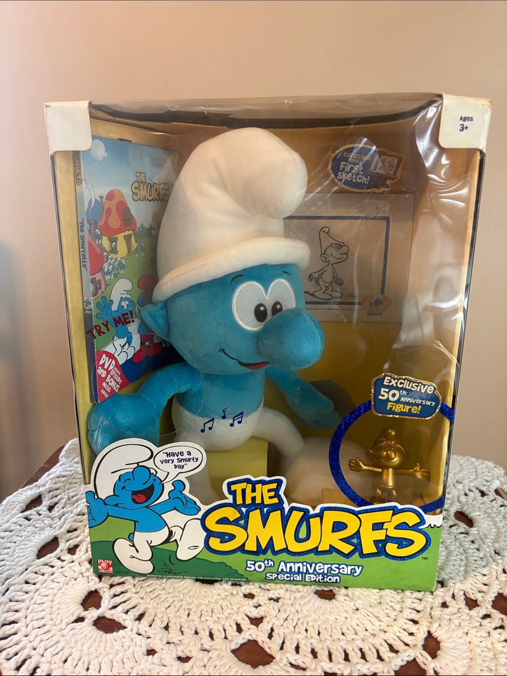 The Smurfs 50th Anniversary Plush Smurf in Box - Blue & White NIB